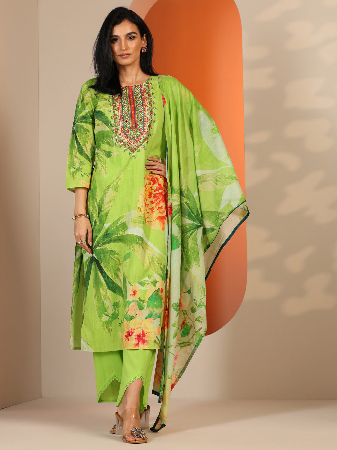 Green Printed Cotton Straight Suit Set With Dupatta
