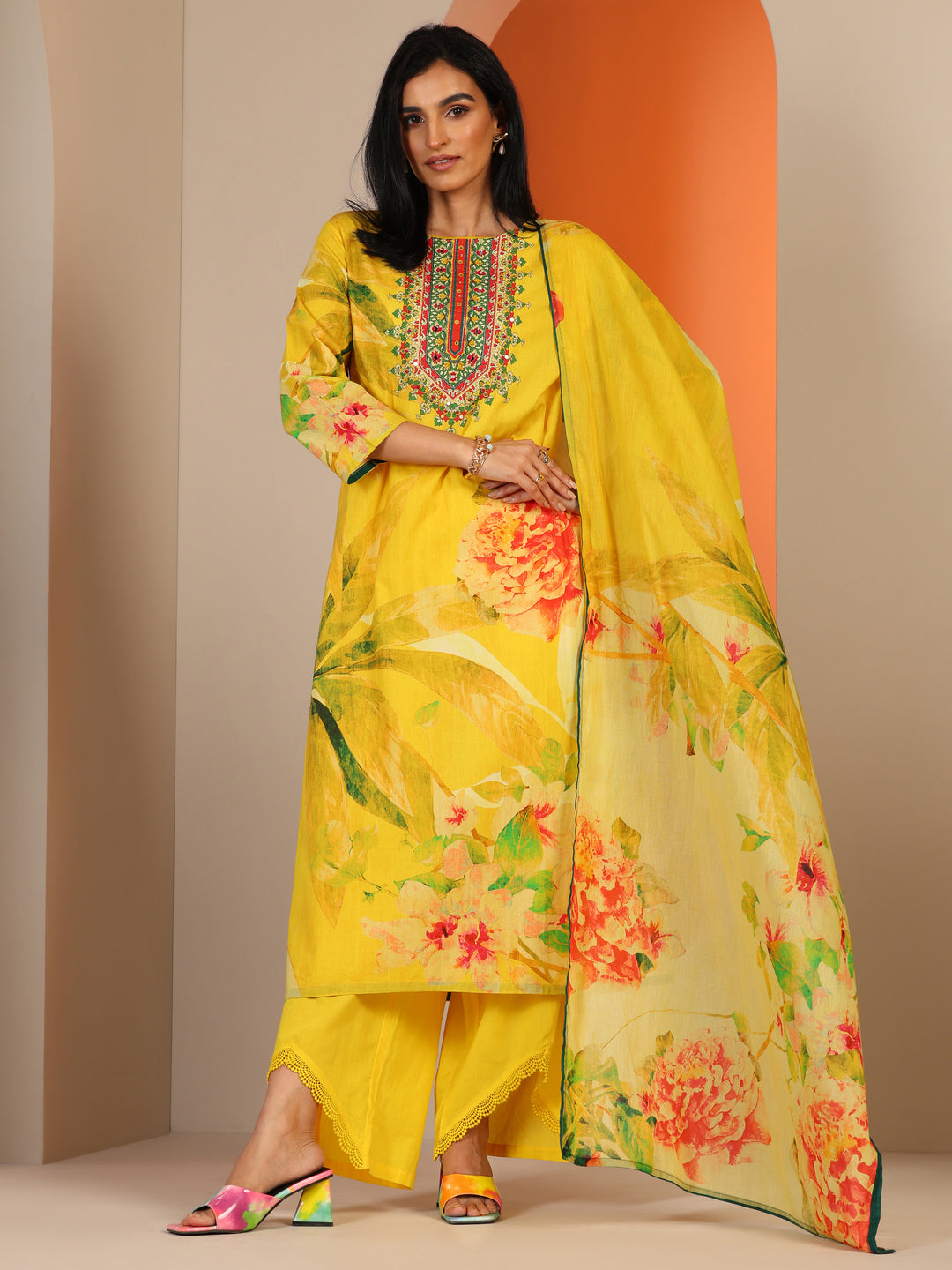 Yellow Printed Cotton Straight Suit Set With Dupatta