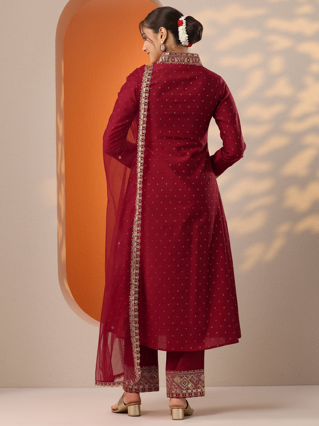 Red Woven Design Silk Blend A-Line Suit Set With Dupatta