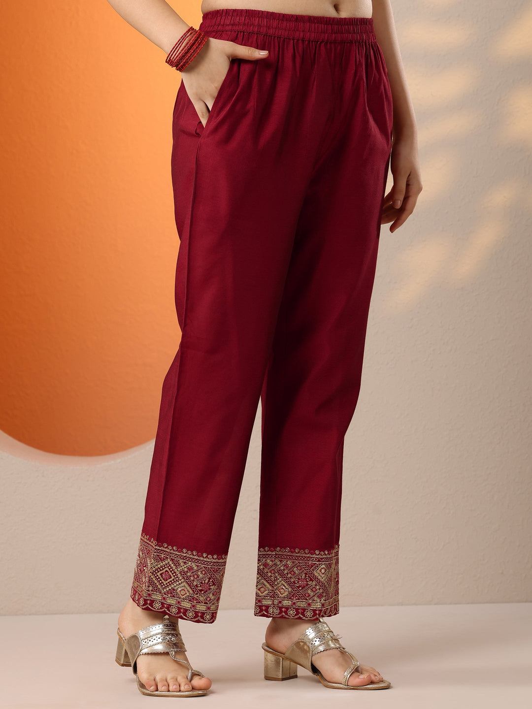 Red Woven Design Silk Blend A-Line Suit Set With Dupatta