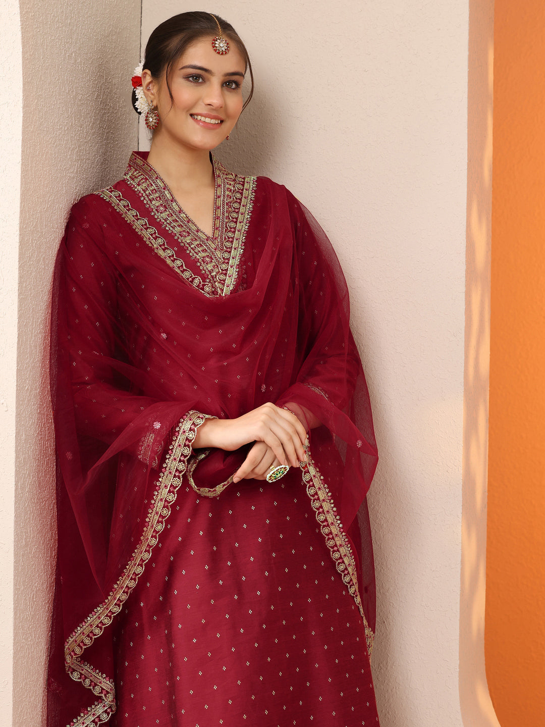 Red Woven Design Silk Blend A-Line Suit Set With Dupatta