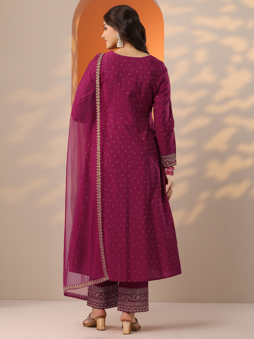 Magenta Woven Design Silk Blend Anarkali Suit Set With Dupatta