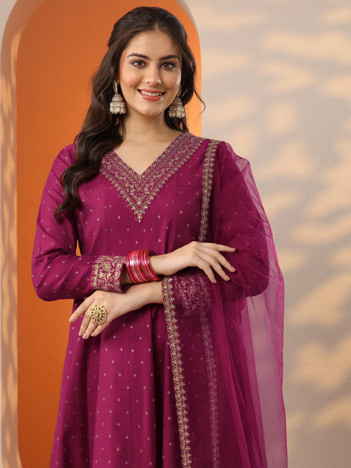 Magenta Woven Design Silk Blend Anarkali Suit Set With Dupatta