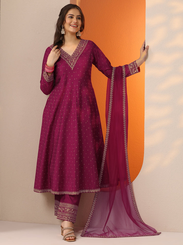 Magenta Woven Design Silk Blend Anarkali Suit Set With Dupatta