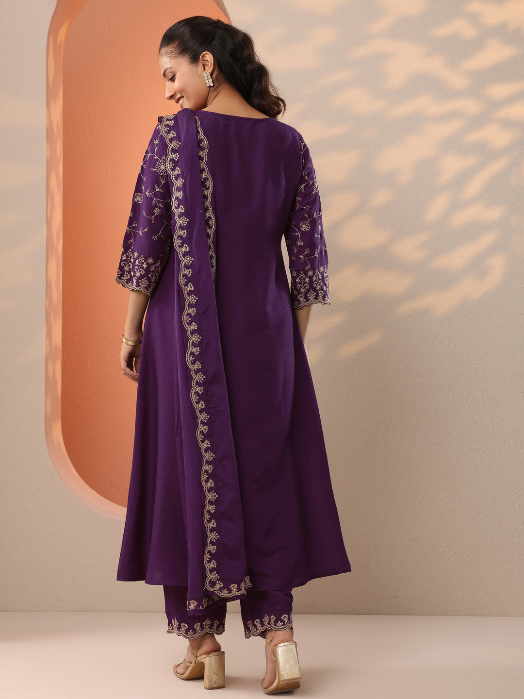 Burgundy Embroidered Silk Blend A-Line Suit Set With Dupatta