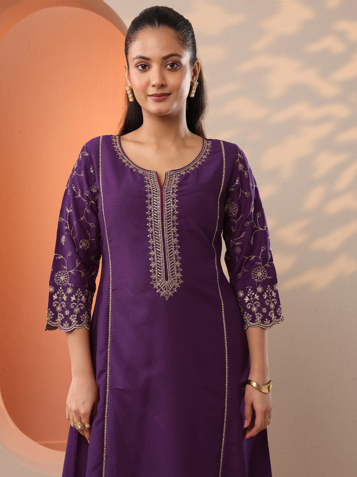 Burgundy Embroidered Silk Blend A-Line Suit Set With Dupatta