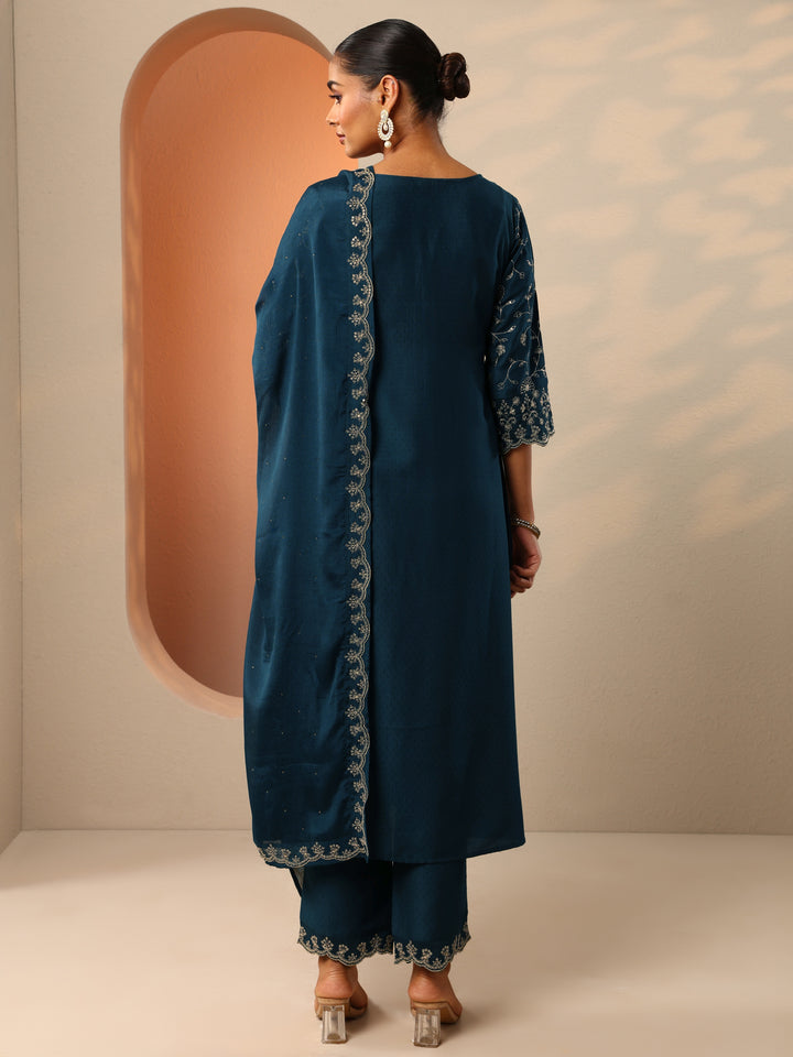 Teal Embroidered Silk Blend A-Line Suit Set With Dupatta