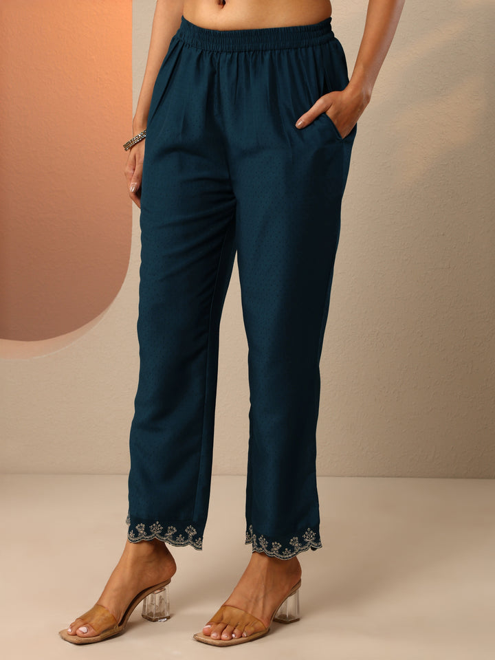 Teal Embroidered Silk Blend A-Line Suit Set With Dupatta