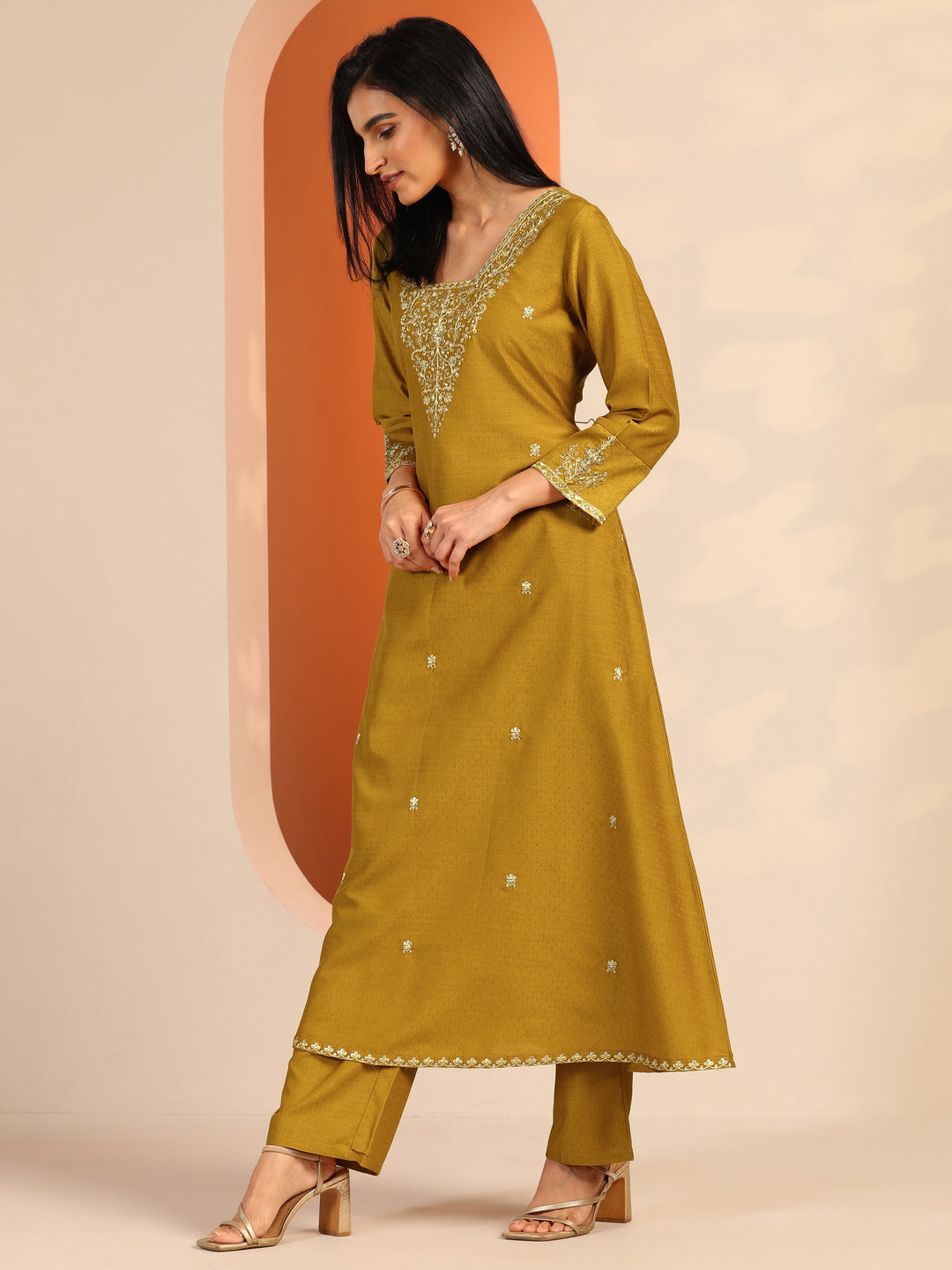 Mustard Embellished Silk Blend A-Line Suit Set With Dupatta