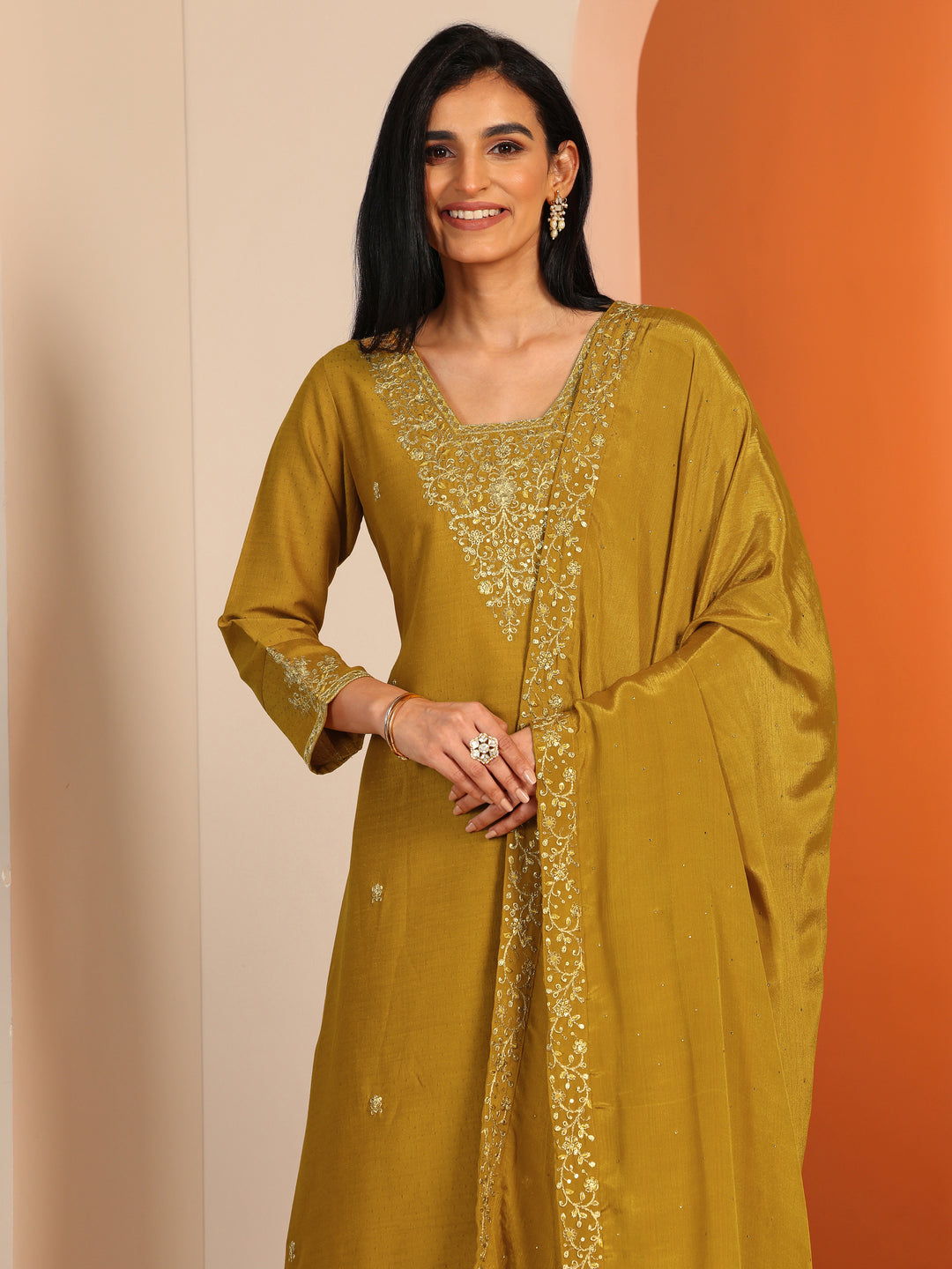 Mustard Embellished Silk Blend A-Line Suit Set With Dupatta