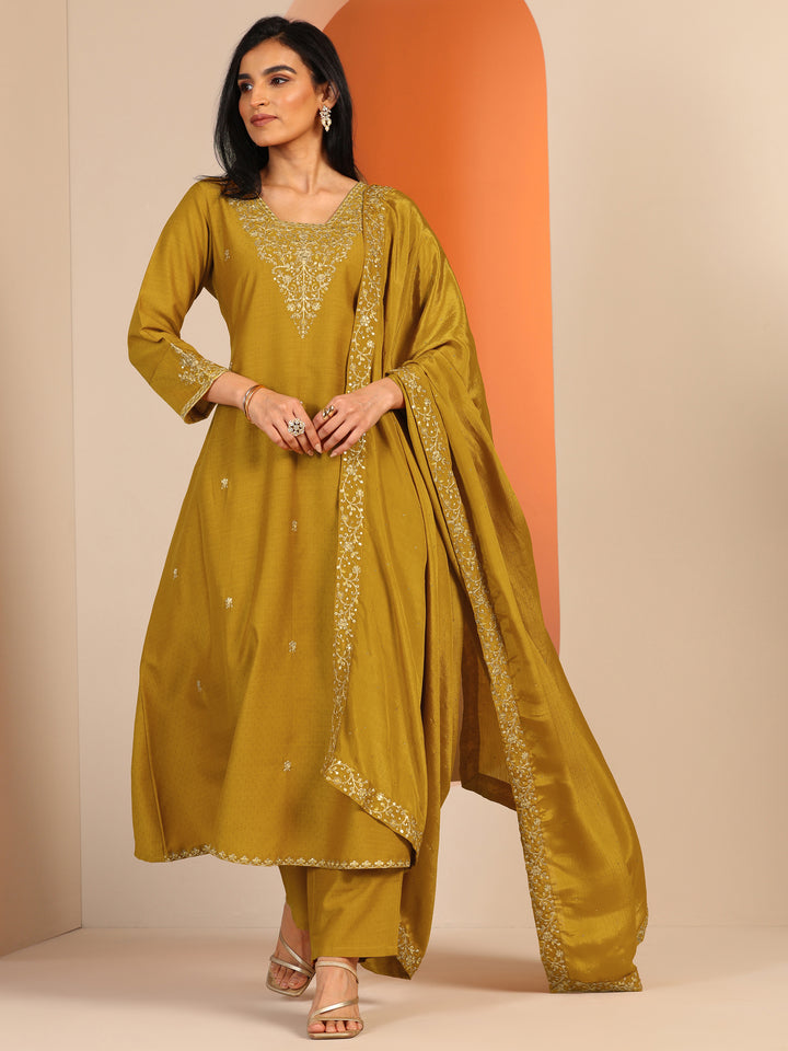 Mustard Embellished Silk Blend A-Line Suit Set With Dupatta