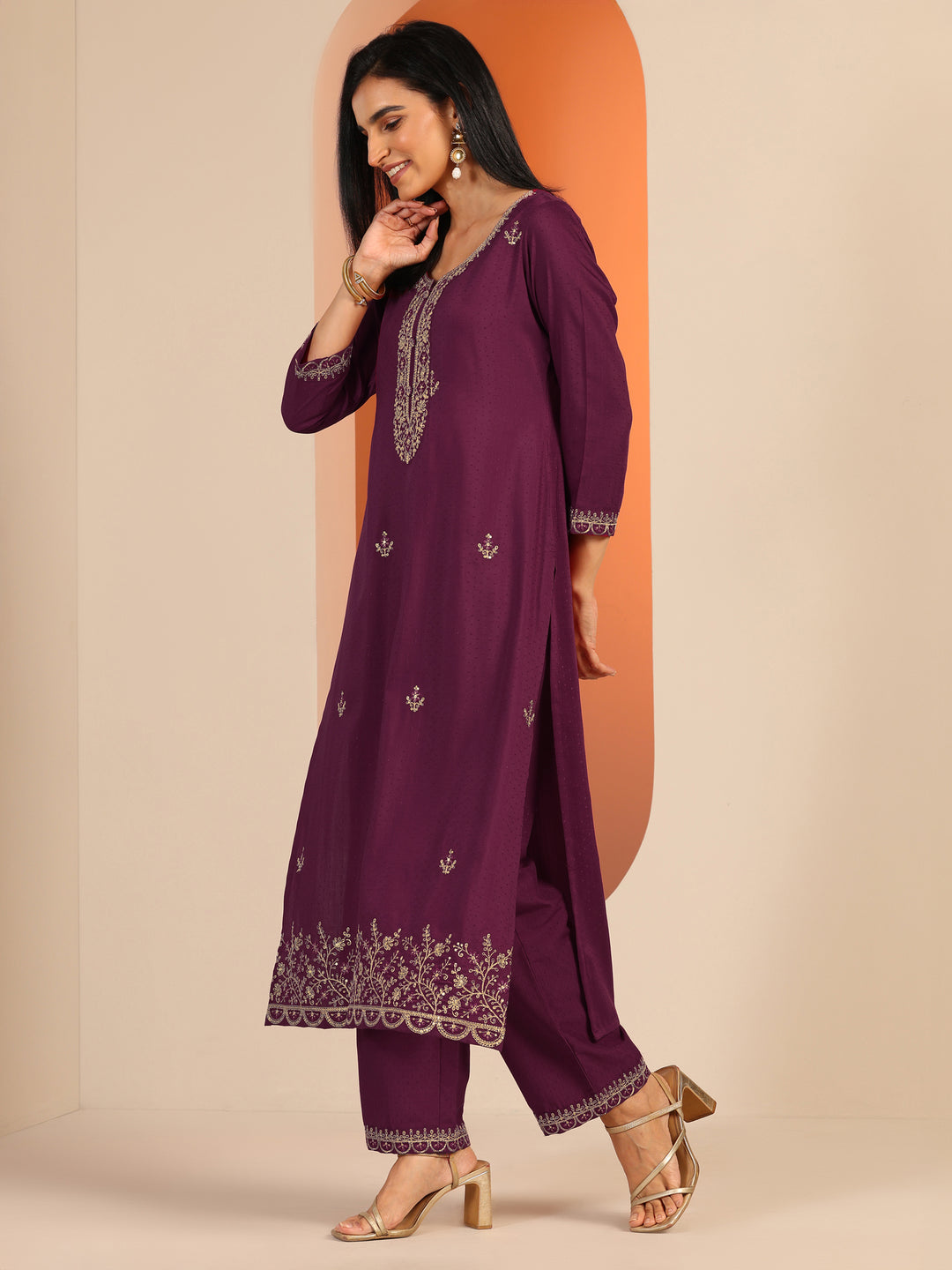 Burgundy Embellished Silk Blend Straight Suit Set With Dupatta