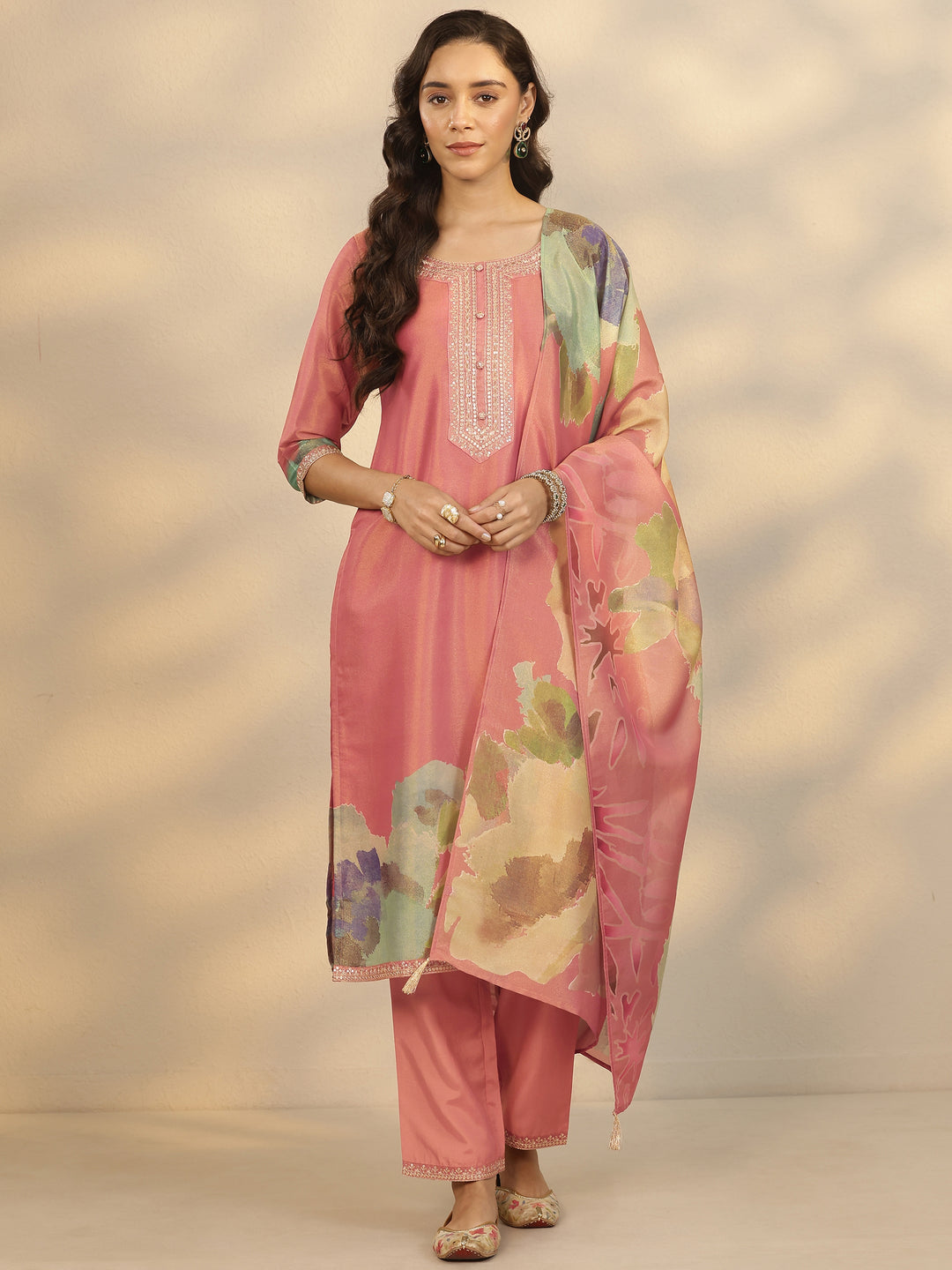 Pink Printed Silk Blend Straight Suit Set With Dupatta