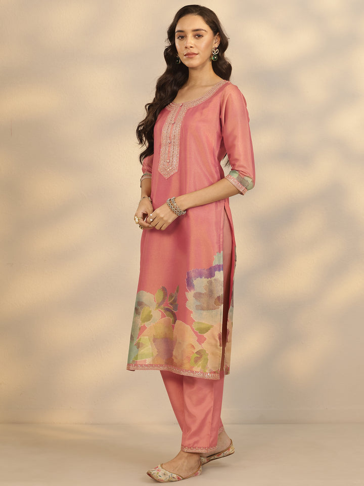 Pink Printed Silk Blend Straight Suit Set With Dupatta
