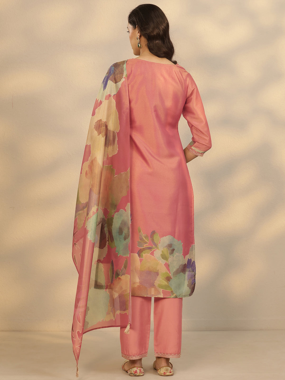 Pink Printed Silk Blend Straight Suit Set With Dupatta