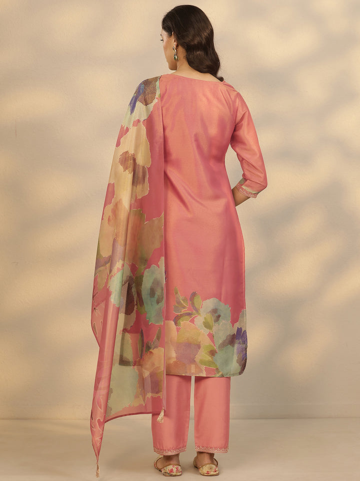 Pink Printed Silk Blend Straight Suit Set With Dupatta