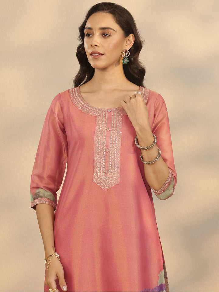 Pink Printed Silk Blend Straight Suit Set With Dupatta