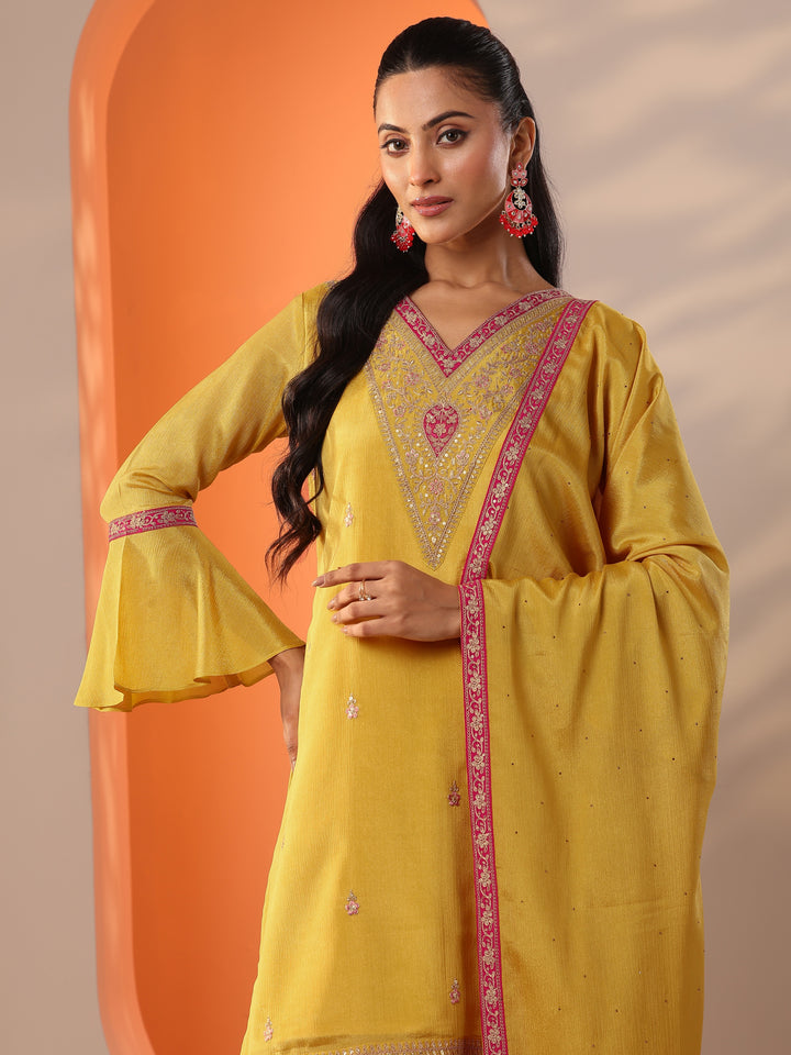 Yellow Embroidered Chinon Straight Suit Set With Dupatta