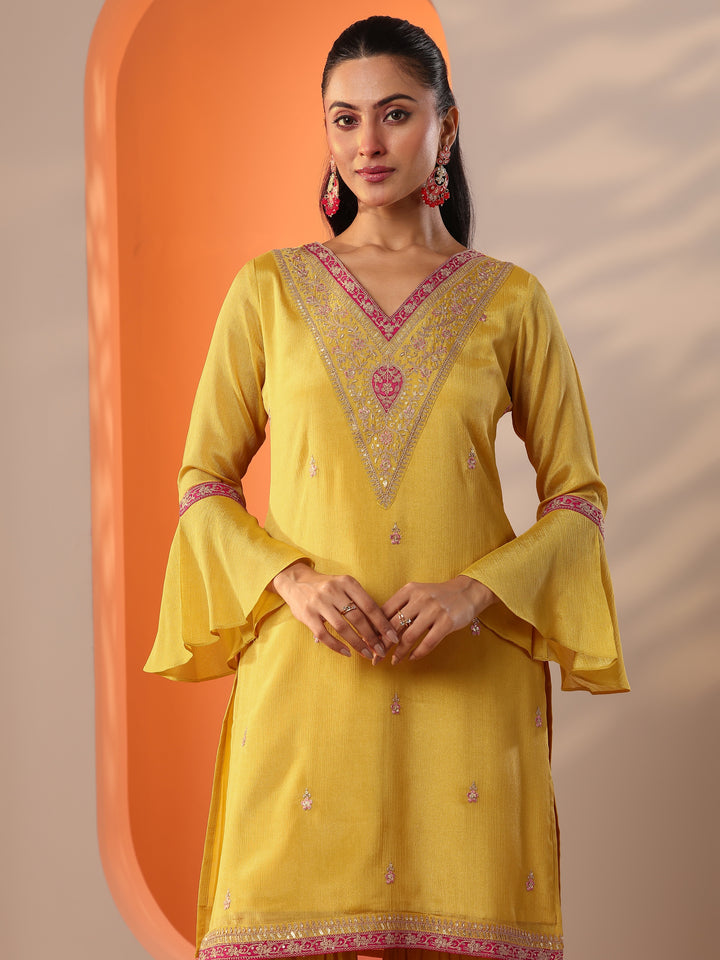Yellow Embroidered Chinon Straight Suit Set With Dupatta