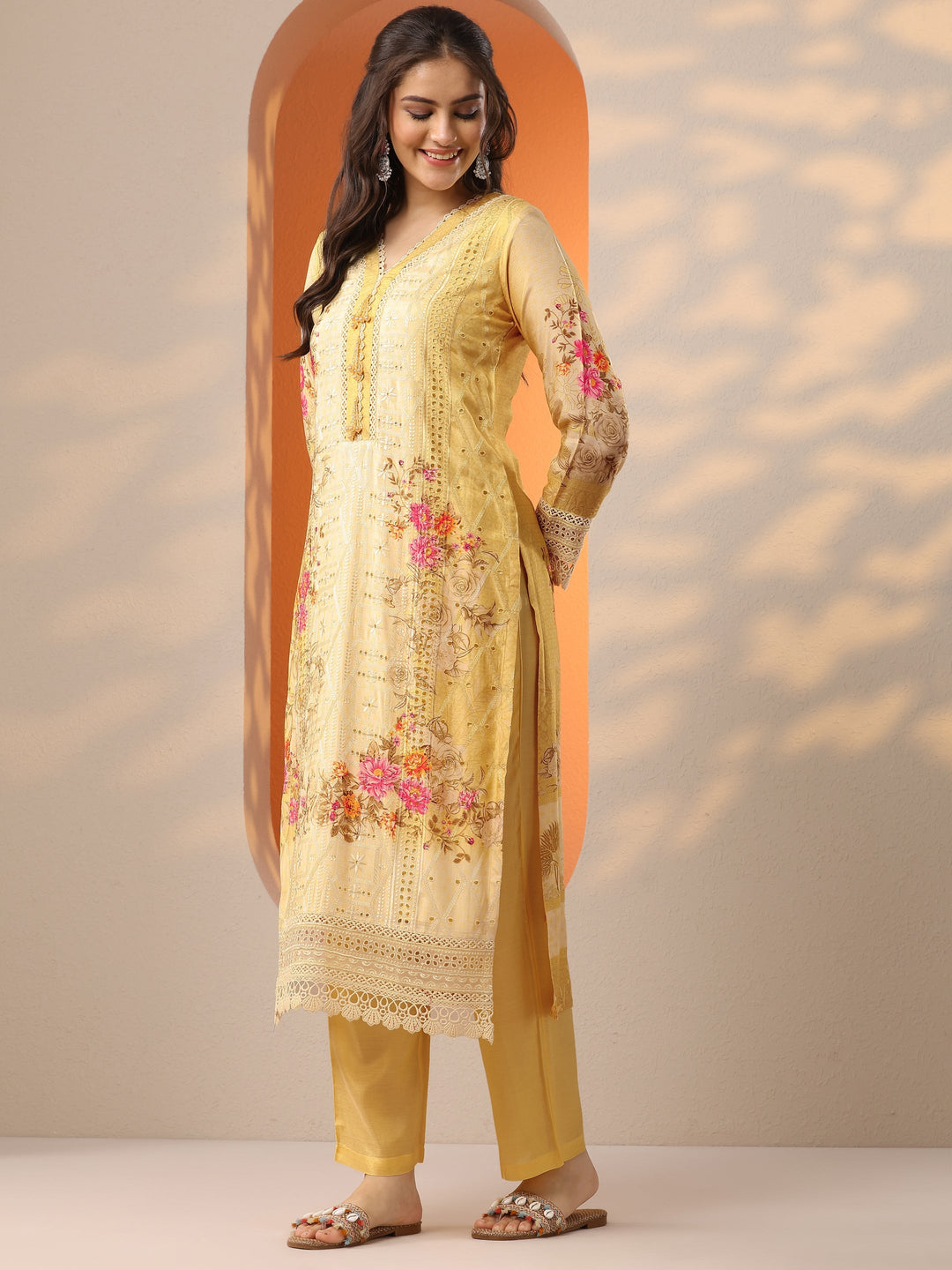 Libas Art Yellow Embroidered Muslin Straight Suit Set With Dupatta