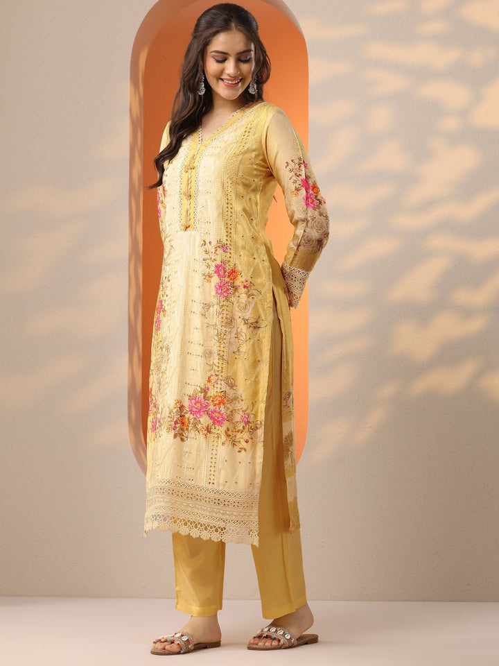 Libas Art Yellow Embroidered Muslin Straight Suit Set With Dupatta