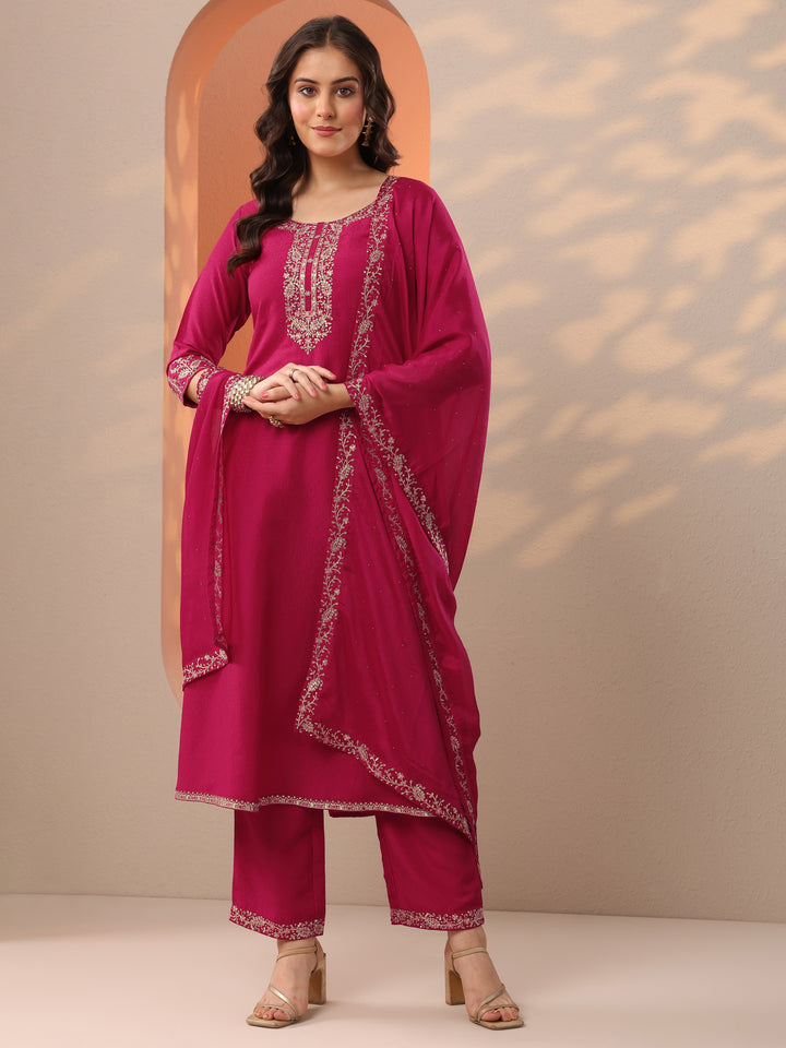 Pink Embroidered Silk Blend A-Line Suit Set With Dupatta