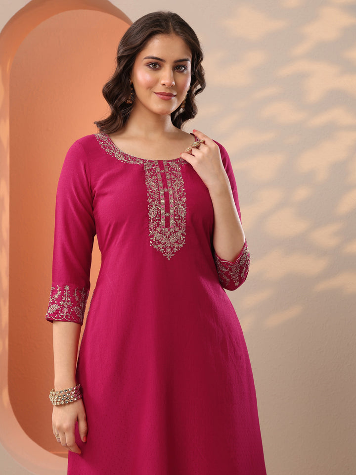Pink Embroidered Silk Blend A-Line Suit Set With Dupatta