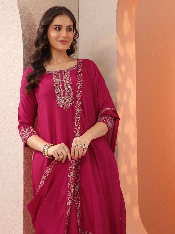 Pink Embroidered Silk Blend A-Line Suit Set With Dupatta