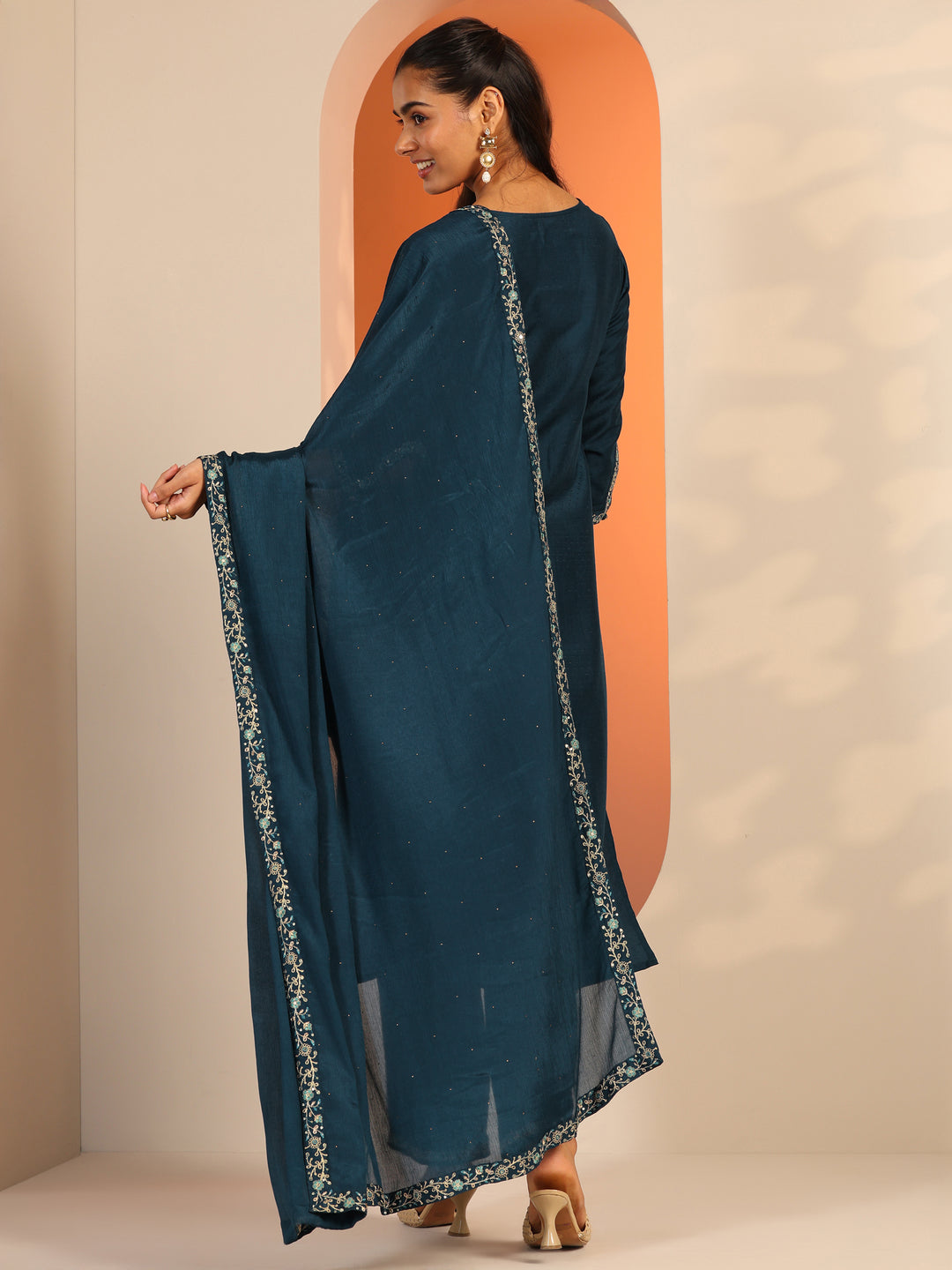 Teal Embroidered Silk Blend Straight Suit Set With Dupatta