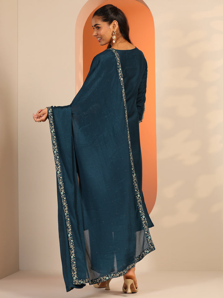 Teal Embroidered Silk Blend Straight Suit Set With Dupatta