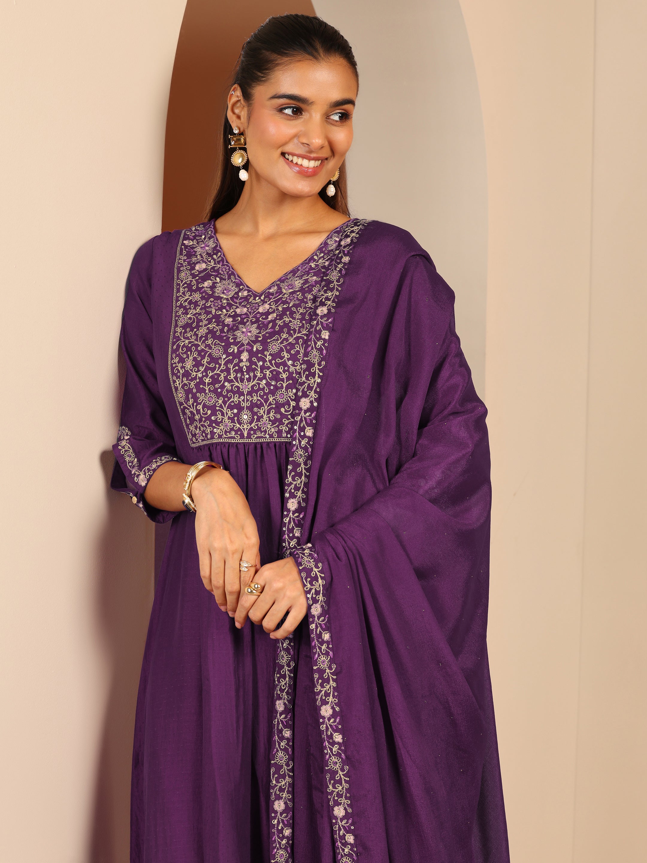 Burgundy Embroidered Silk Blend Straight Suit Sets With Dupatta main image 1