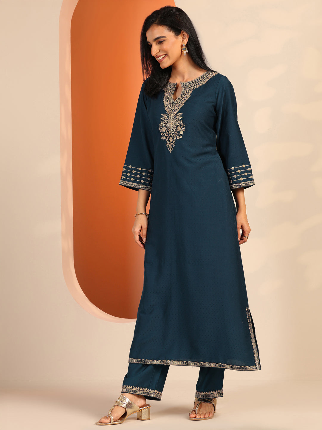 Teal Embroidered Silk Blend Straight Suit Set With Dupatta