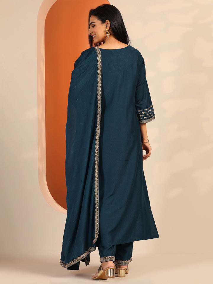 Teal Embroidered Silk Blend Straight Suit Set With Dupatta
