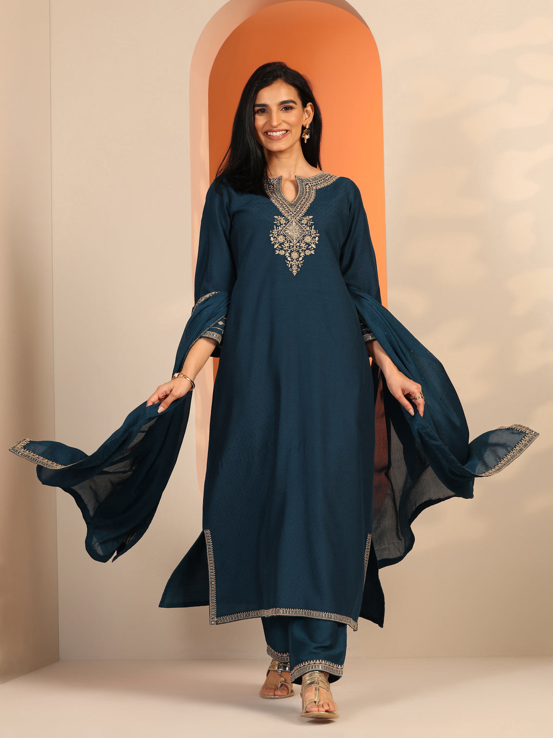 Teal Embroidered Silk Blend Straight Suit Set With Dupatta