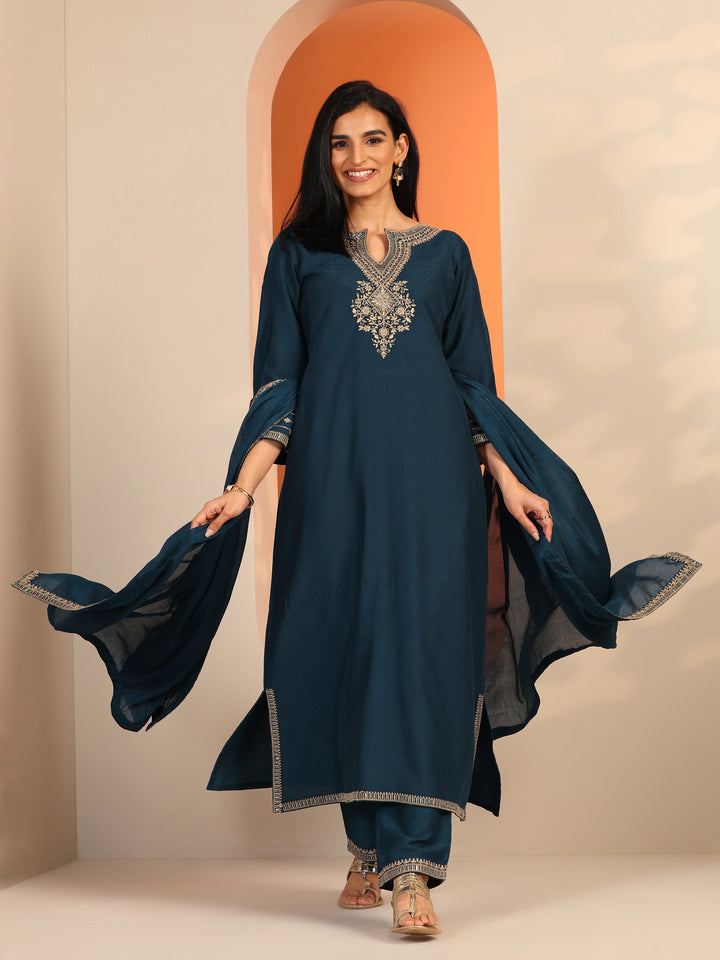 Teal Embroidered Silk Blend Straight Suit Set With Dupatta