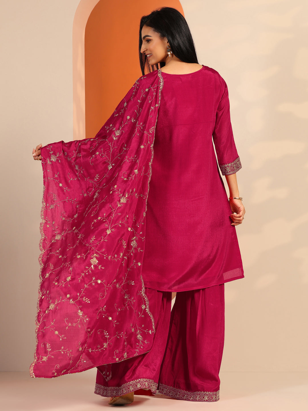 Pink Embroidered Chinon Straight Suit Set With Dupatta