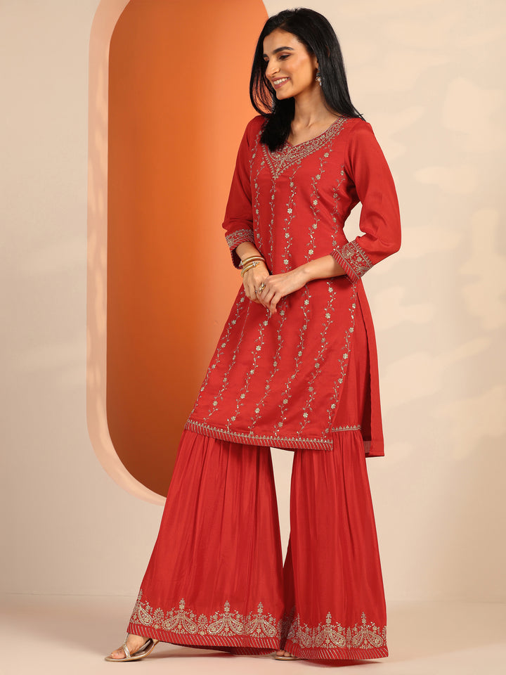 Red Embroidered Chinon Straight Suit Set With Dupatta