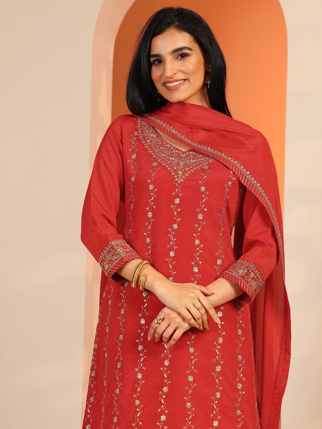 Red Embroidered Chinon Straight Suit Set With Dupatta