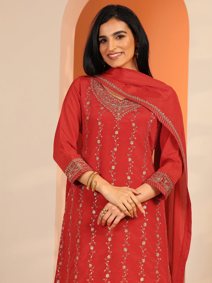 Red Embroidered Chinon Straight Suit Set With Dupatta