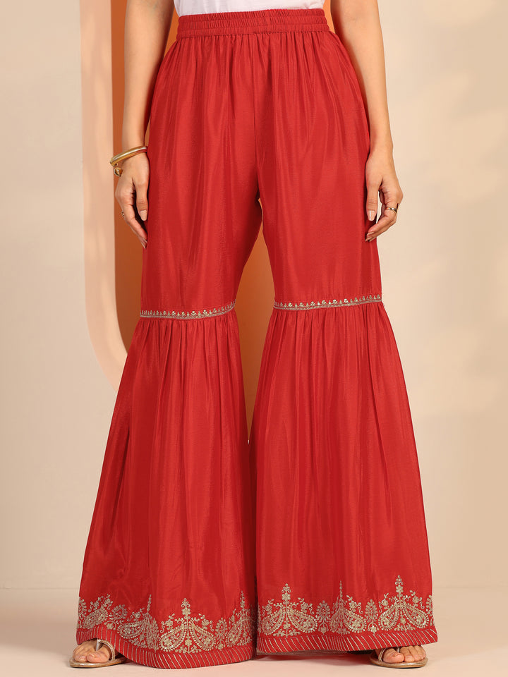 Red Embroidered Chinon Straight Suit Set With Dupatta