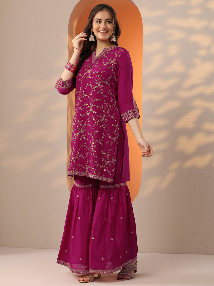 Pink Embroidered Chinon Straight Suit Set With Dupatta