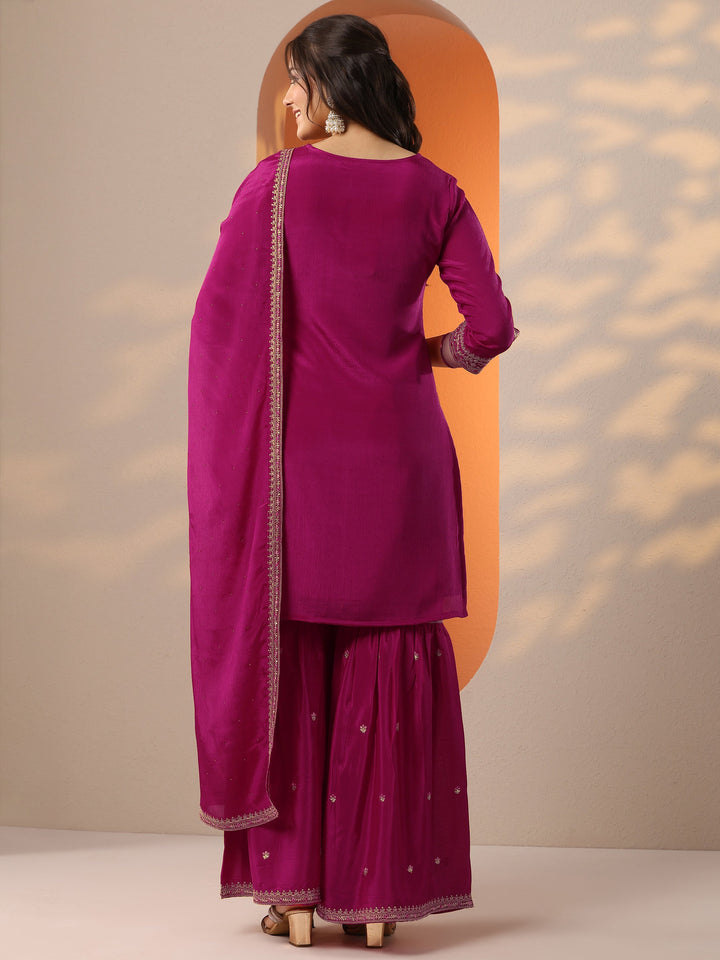 Pink Embroidered Chinon Straight Suit Set With Dupatta