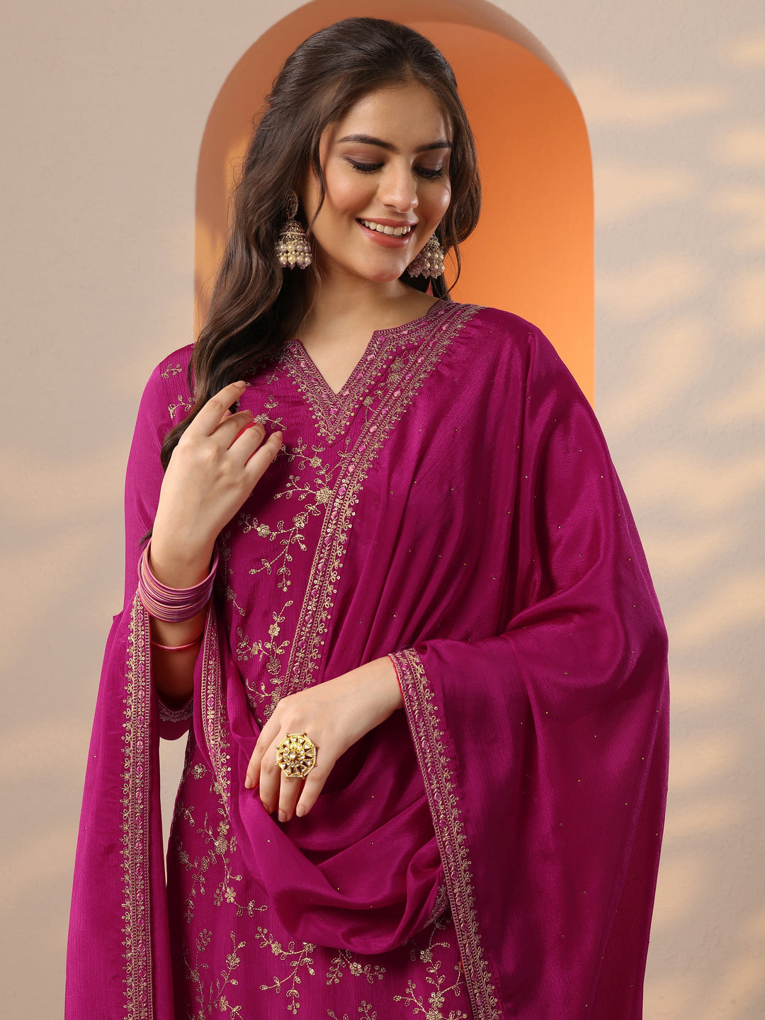 Pink Embroidered Chinon Straight Suit Set With Dupatta