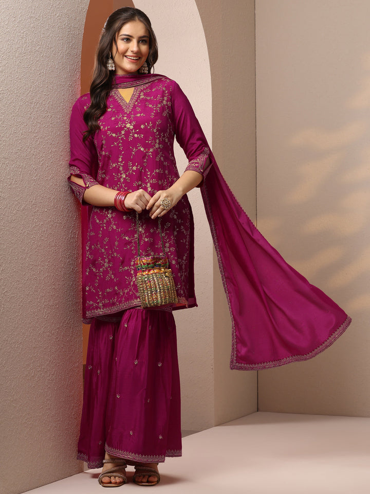 Pink Embroidered Chinon Straight Suit Set With Dupatta