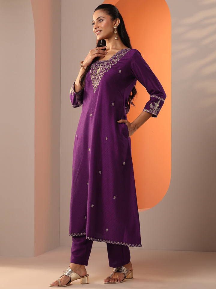 Burgundy Embroidered Silk Blend Straight Suit Set With Dupatta