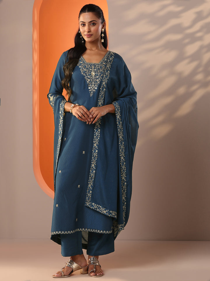 Teal Embroidered Silk Blend Straight Suit Set With Dupatta