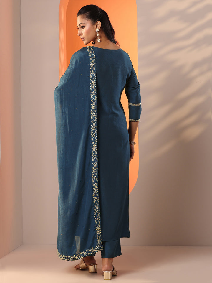 Teal Embroidered Silk Blend Straight Suit Set With Dupatta