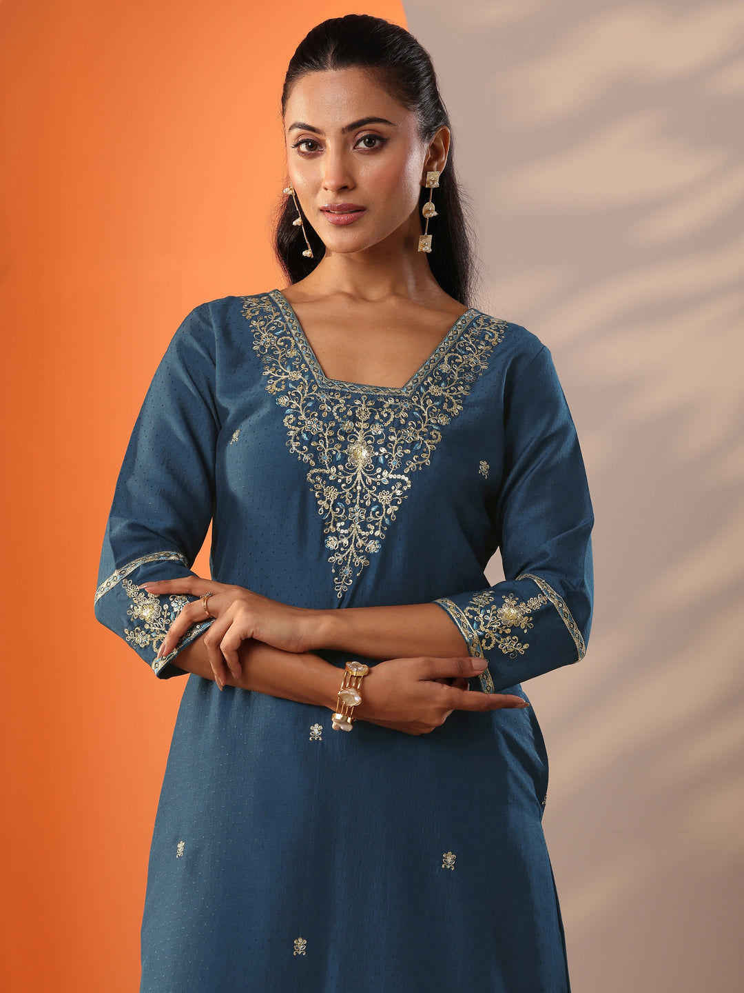 Teal Embroidered Silk Blend Straight Suit Set With Dupatta
