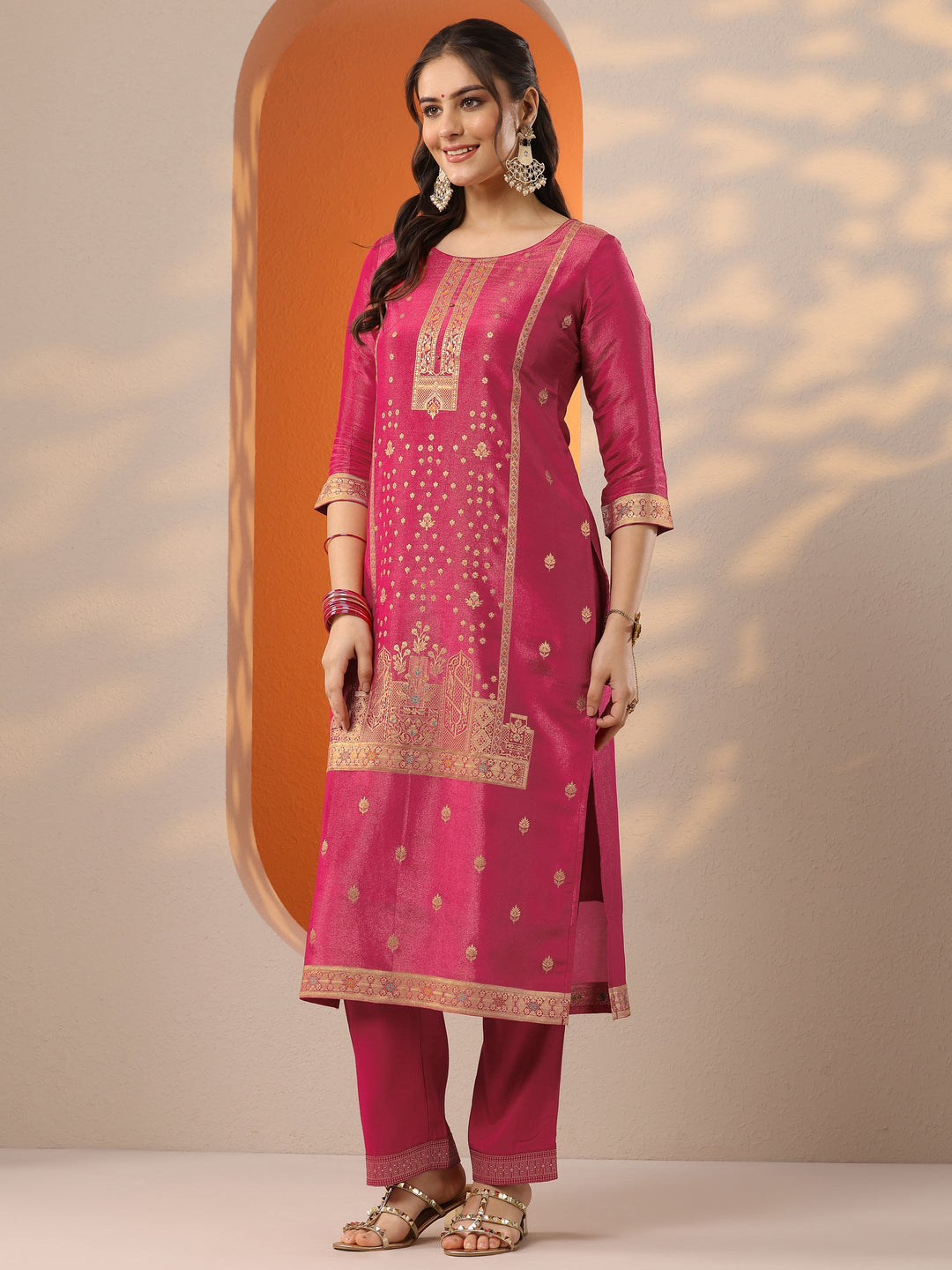 Libas Art Pink Woven Design Silk Blend Straight Suit Set With Dupatta