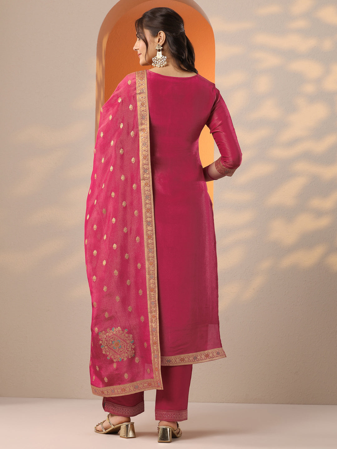 Libas Art Pink Woven Design Silk Blend Straight Suit Set With Dupatta